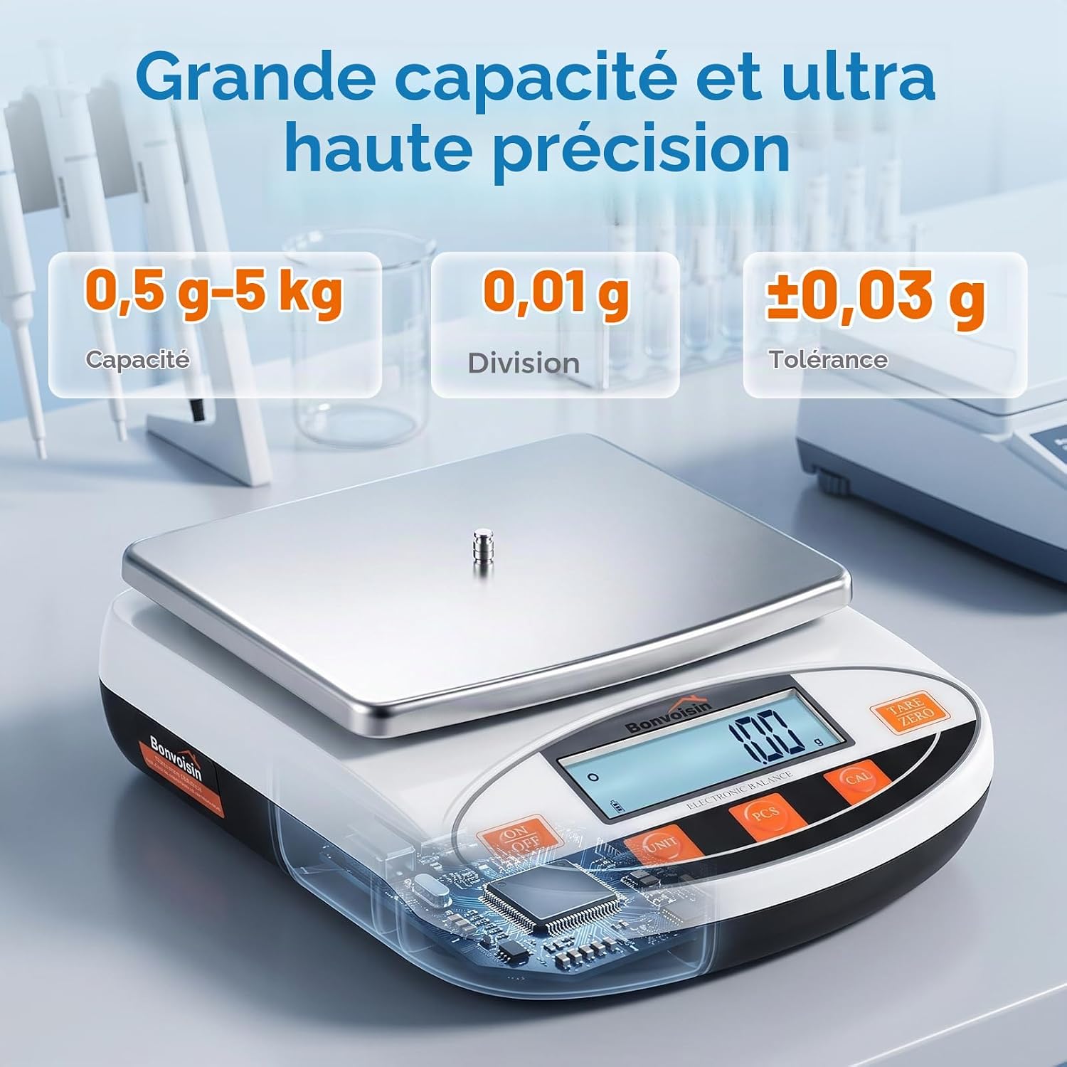 Balance de Laboratoire 5000g/0,01g - 13 Unités, Tare, Comptage 5000g,0.01g