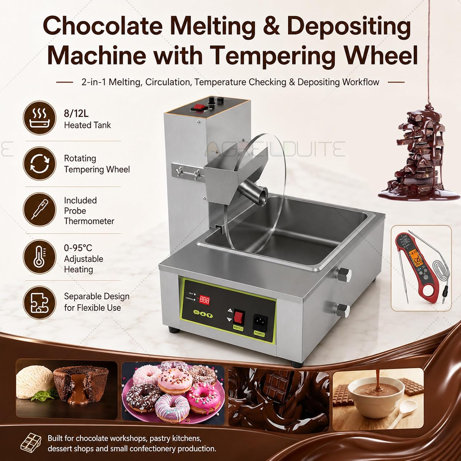 Machine à Tempérer Chocolat 12L, Tempéreuse Chocolat 2-en-1 avec Roue de Tempérage Réglable, Thermomètre Numérique, pour Pâtisserie 8L