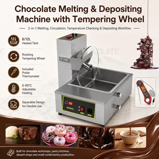 Machine à Tempérer Chocolat 12L, Tempéreuse Chocolat 2-en-1 avec Roue de Tempérage Réglable, Thermomètre Numérique, pour Pâtisserie 8L