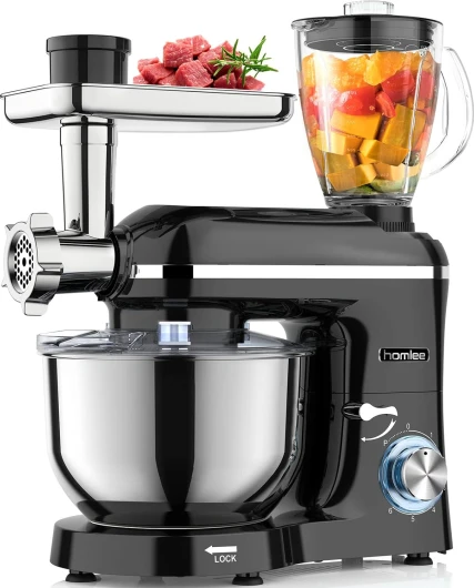 Homlee 3 en 1 Robot Pâtissier,1800W Robot Cuisine Multifonctions,avec Hachoir à viande,1,5 L Extracteur de jus,Kit pour Saucisses,3 Plaques de Broyage,5.5L Bol d'Acier Inoxydable (Noir)