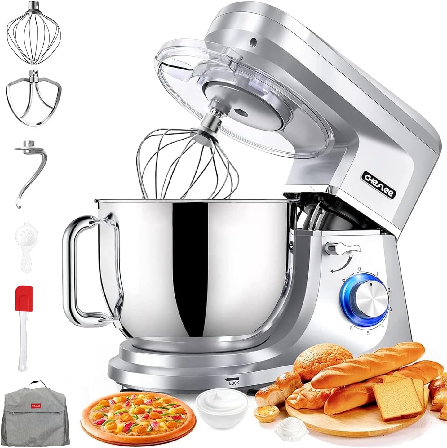 CHeflee Robot Pâtissier 2000W Robot Pétrin Professionnel 7.2 L Faible Bruit Robot de Cuisine Multifonction avec Fouet Batteur Crochet Bol d'Acier Inoxydable,6 Vitesses Silver