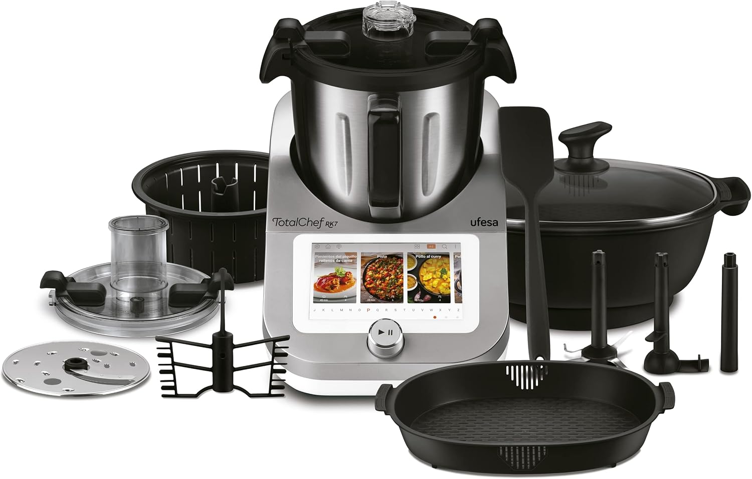 Ufesa TotalChef RK7 Robot de Cuisine Multifonctions Inteligent, WIFI, 30 Fonctions, 4.5L, Écran Tactile 7 Pouces, Balance Integrée, Livre de Recettes Interactif, Argent / Blanc