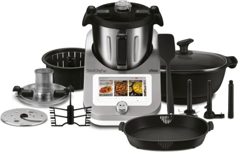 Ufesa TotalChef RK7 Robot de Cuisine Multifonctions Inteligent, WIFI, 30 Fonctions, 4.5L, Écran Tactile 7 Pouces, Balance Integrée, Livre de Recettes Interactif, Argent / Blanc
