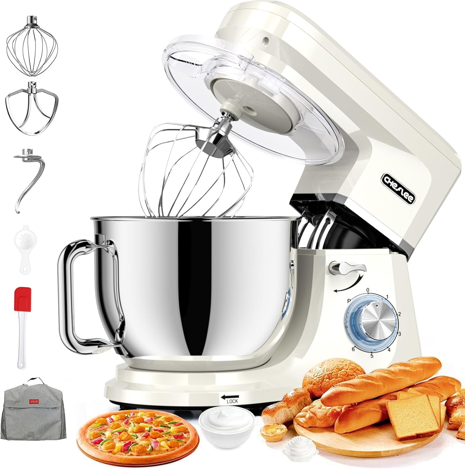 CHeflee Robot Pâtissier 2000W Robot Pétrin Professionnel 7.2 L Faible Bruit Robot de Cuisine Multifonction avec Fouet, Batteur, Crochet, Bol d'Acier Inoxydable, 6 Vitesses Cream White
