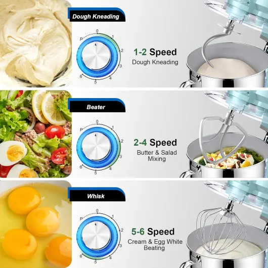 CHeflee Robot Pâtissier 2000W Robot Pétrin Professionnel 8 L Faible Bruit Robot de Cuisine Multifonction avec Fouet, Batteur, Crochet, Bol d'Acier Inoxydable, 6 Vitesses Blue