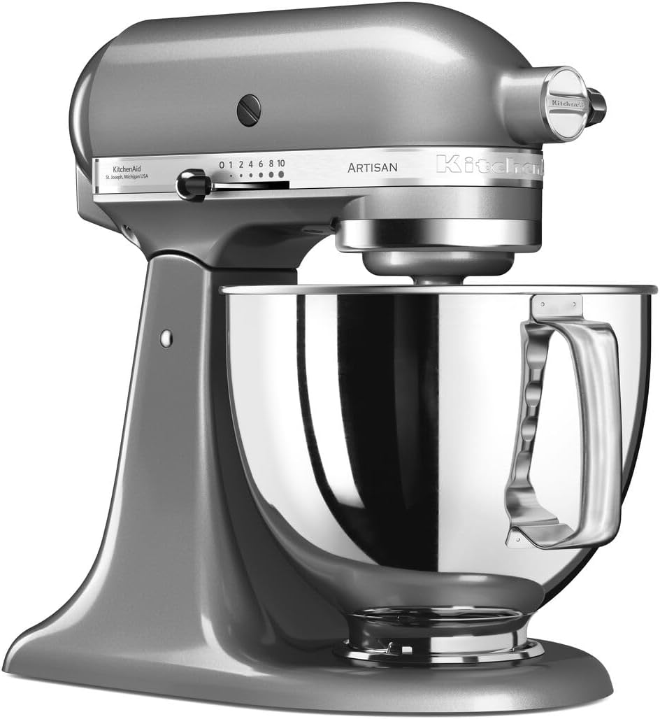 Robot Pâtissier - Artisan - Robot cuisine multifonctions à tête inclinable - Batteur avec 3 accessoires et Bol inox de 4,8 L - Gris argent