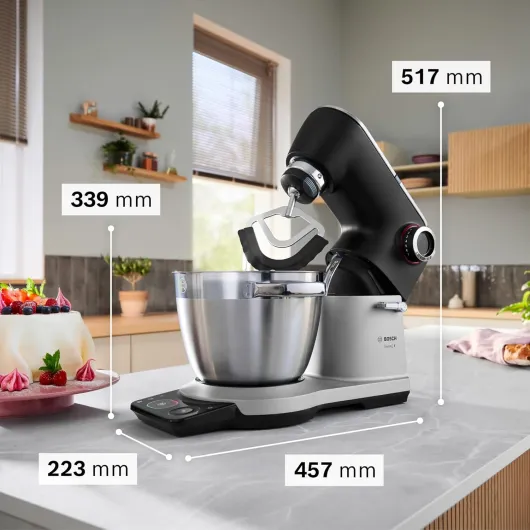 Robot pâtissier Série 8, avec balance intégrée, moteur 1800 W refroidi par air, mélange homogène 3D, set pâtisserie, bol 6,0 L, bol supplémentaire 5,3 L, châssis en métal noir/argent, MUMS8ZS18