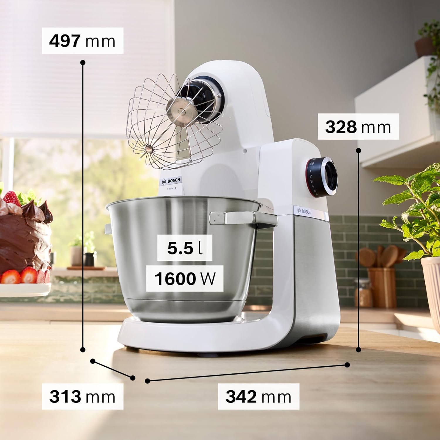 , Robot pâtissier, Série 6, moteur 1600 watts, mouvement planétaire 3D, kit pâtisserie, râpeur, blender ThermoSafe en verre, en acier inoxydable/blanc, MUMS6EW22 White/Grey
