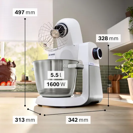, Robot pâtissier, Série 6, moteur 1600 watts, mouvement planétaire 3D, kit pâtisserie, râpeur, blender ThermoSafe en verre, en acier inoxydable/blanc, MUMS6EW22 White/Grey
