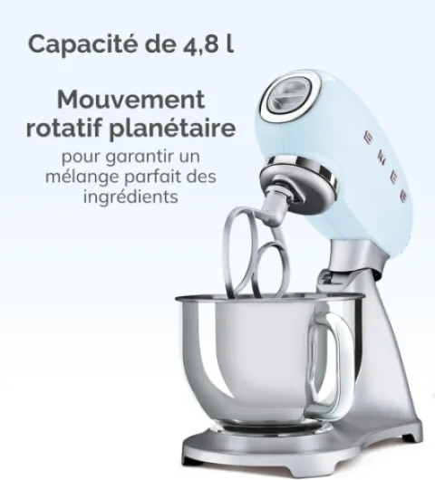 , Robot Pâtissier SMF02PGEU, 10 Niveaux de Vitesse, Fonction Mise en Marche Progressive, Bol 4,8 L, Verrouillage Moteur de Sécurité, Batteur Plat, Crochet et Couvercle Fournis, 800W, Vert d'Eau