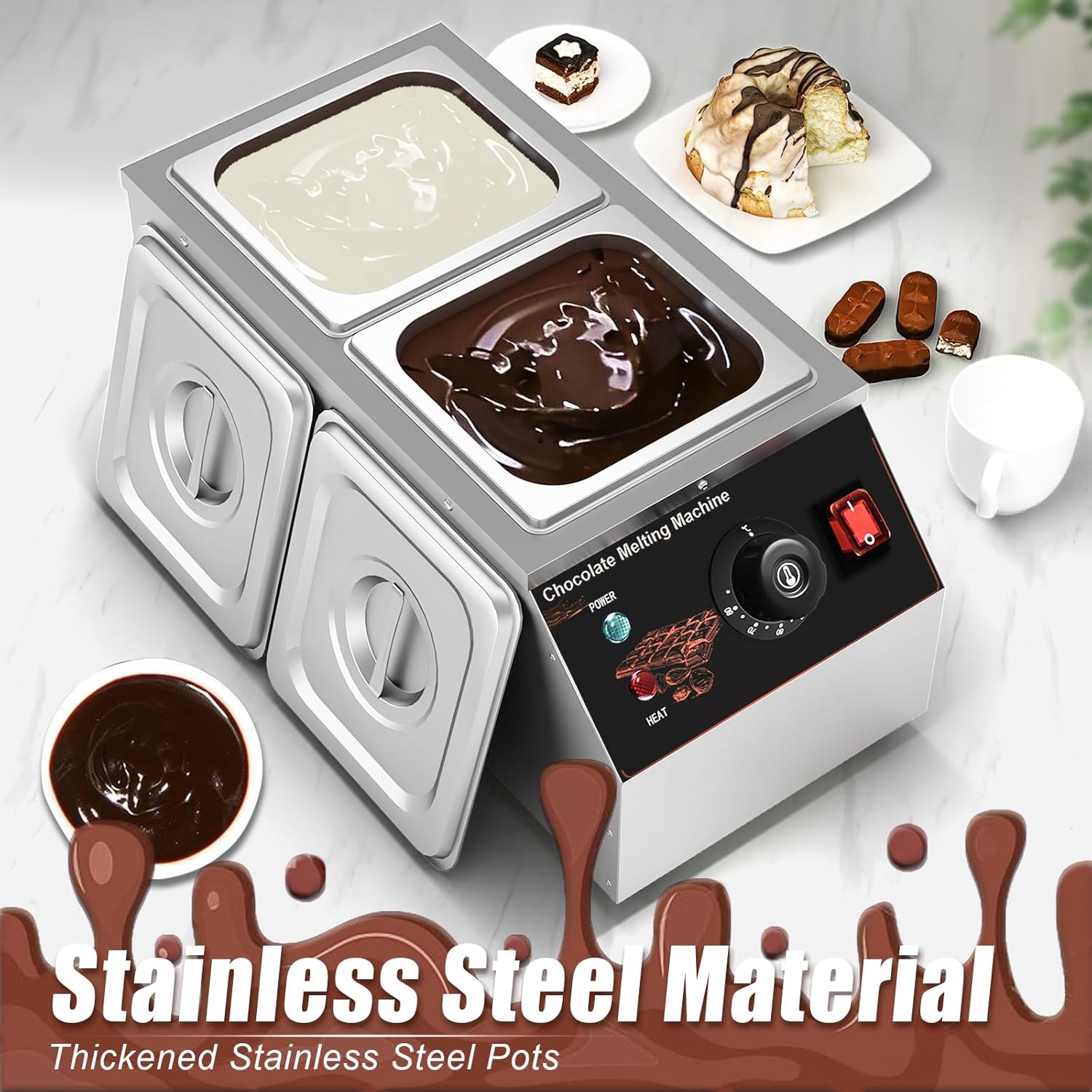 Tempéreuse À Chocolat,2x1/6 GN Electrique Réchauffeur de Liquide Acier Inoxydable Capacité Chauffe-liquide Commercial de Chauffage de Chocolat,pour La Maison et Les Restaurants Utilisation
