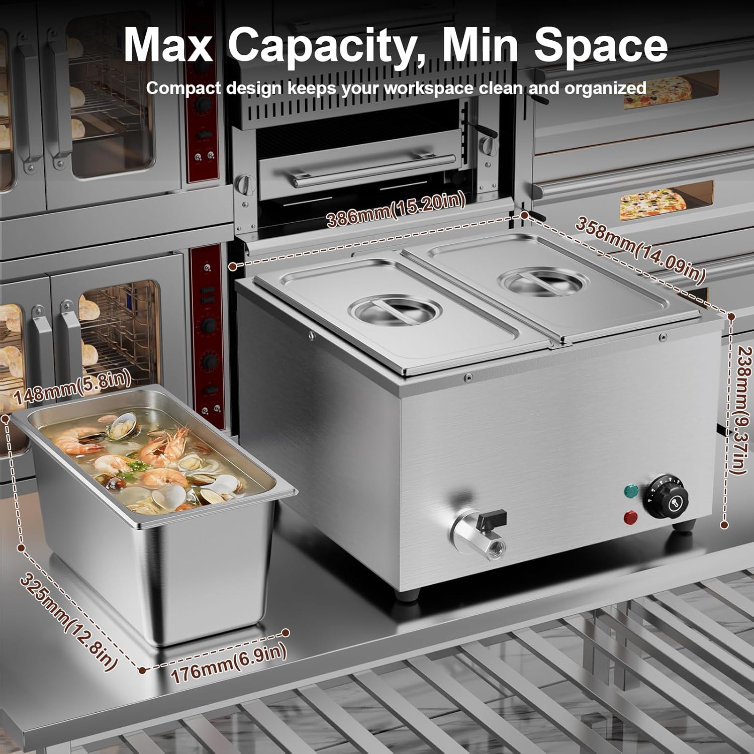Bain Marie Électrique Professionnel 2 Bacs en Acier Inoxydable 220V Chauffe-Plats Professionnel Chocolat Fondoir Commercial avec 2 x 1/3 casseroles