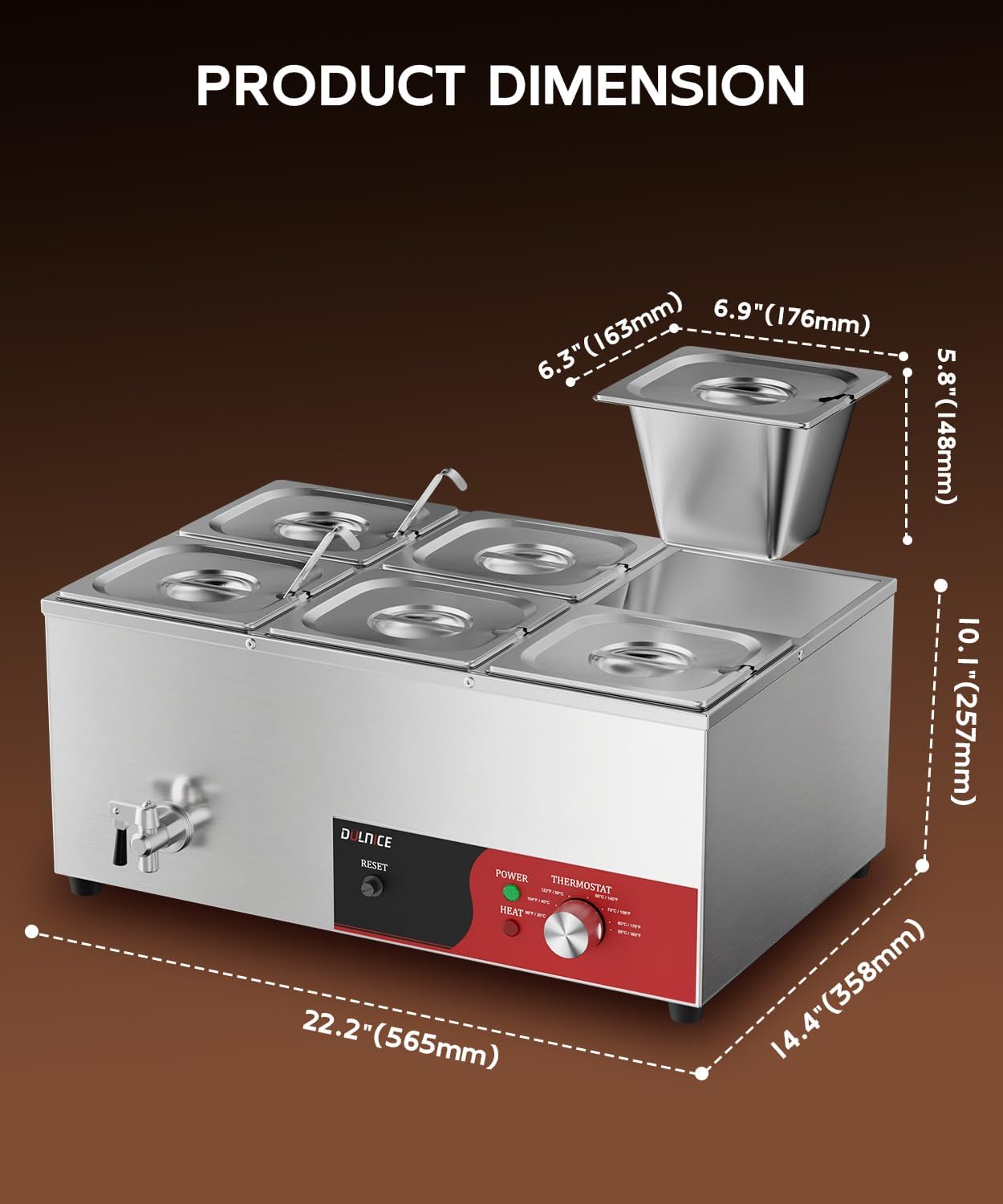 Bain-Marie Électrique 6 bacs avec Réinitialisation, Réchauffeur Électrique Commercial pour Buffet 1500W avec Robinet de Vidange et Cuillère à Soupe pour Cantines et Cafés, Contrôle de la 6 bacs GN 1/6