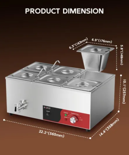 Bain-Marie Électrique 6 bacs avec Réinitialisation, Réchauffeur Électrique Commercial pour Buffet 1500W avec Robinet de Vidange et Cuillère à Soupe pour Cantines et Cafés, Contrôle de la 6 bacs GN 1/6