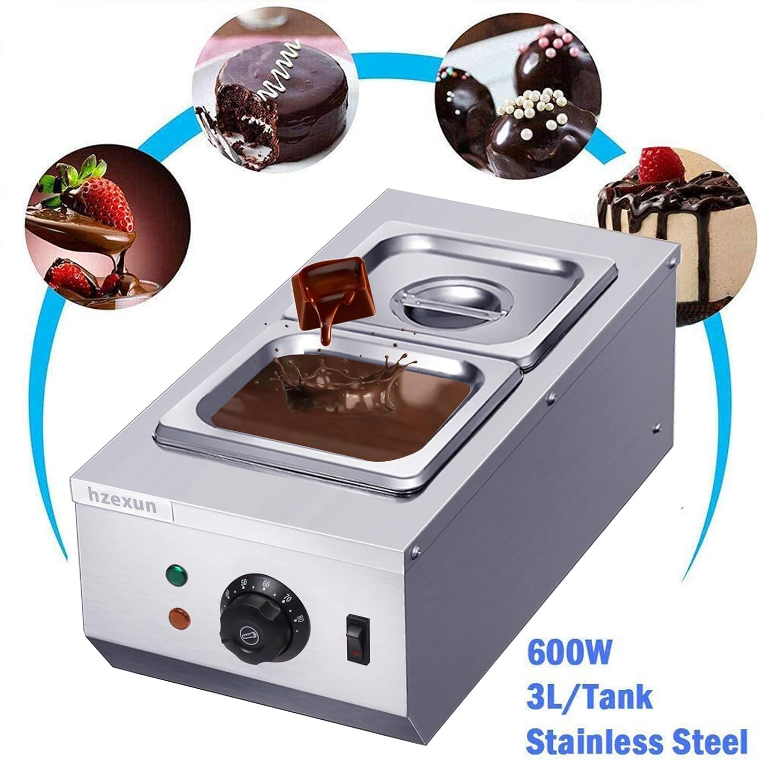 Tempéreuse À Chocolat Bain Marie Electrique Réchauffeur de Liquide Acier Inoxydable Capacité 6L 2 Réservoirs Maison Commerciale 220V 600W
