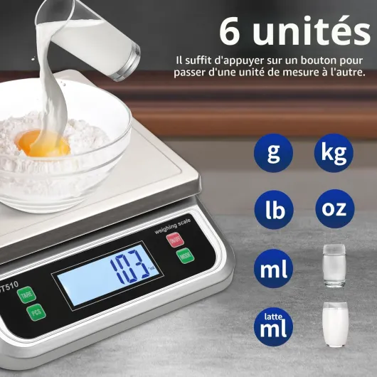 Balance de cuisine professionnelle 40kg Acier Inoxydable balance de cuisines precision avec écran LCD grande balance de cuisine avec fonction Tara comptage PCS et 6 unités balance patisserie Argenté 40 kg