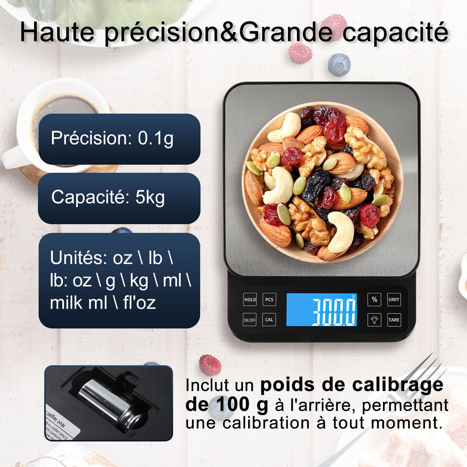 Balance de cuisine grande taille, précision de 0,1 g, balance de boulangerie de 5 kg fonction pourcentage, rechargeable par USB, écran LCD à angle complet avec rétroéclairage, Noir et Argent Black & Brown