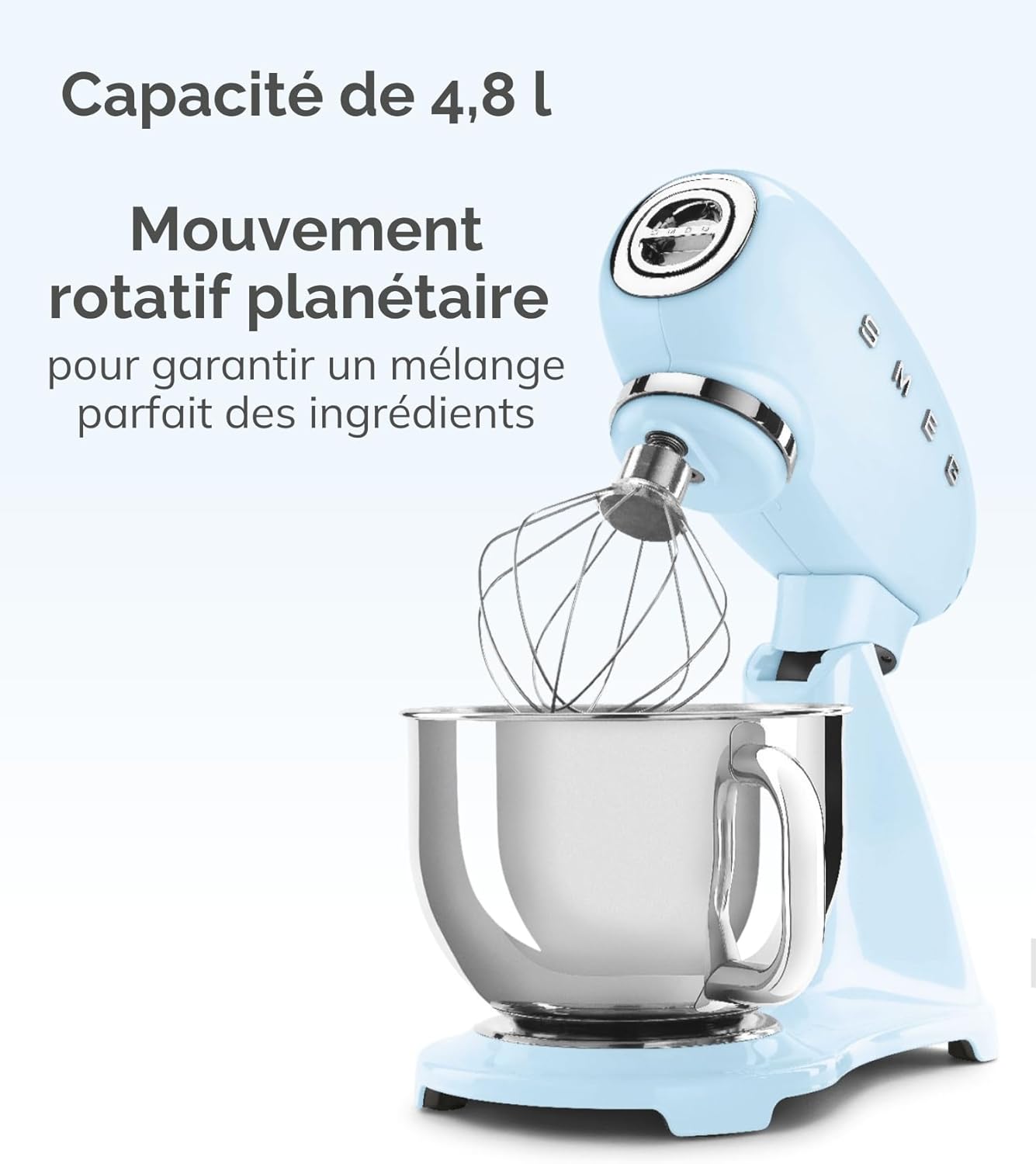 , Robot Pâtissier SMF03BLEU, 10 Niveaux de Vitesse, Fonction Mise en Marche Progressive, Bol 4,8 L, Verrouillage Moteur de Sécurité, 3 Batteurs, Crochet et Couvercle Fournis, 800W, Noir