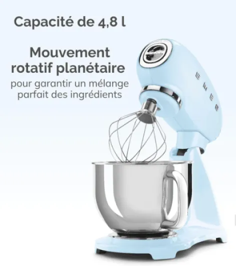 , Robot Pâtissier SMF03BLEU, 10 Niveaux de Vitesse, Fonction Mise en Marche Progressive, Bol 4,8 L, Verrouillage Moteur de Sécurité, 3 Batteurs, Crochet et Couvercle Fournis, 800W, Noir