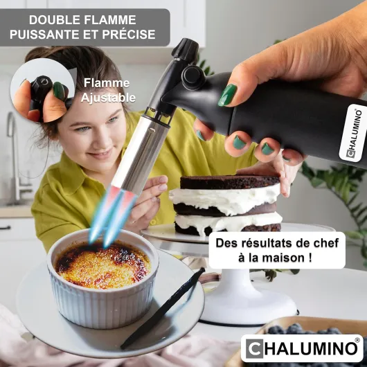 Chalumeau de Cuisine - Kit Complet Chalumeau professionnel + Bouteille de Gaz 300ml+2 Pinceaux Inclus, 2 Sorties de Flamme Rechargeable en gaz Butane Belflam pour Crème Brûlée, Pâtisserie et Barbecue