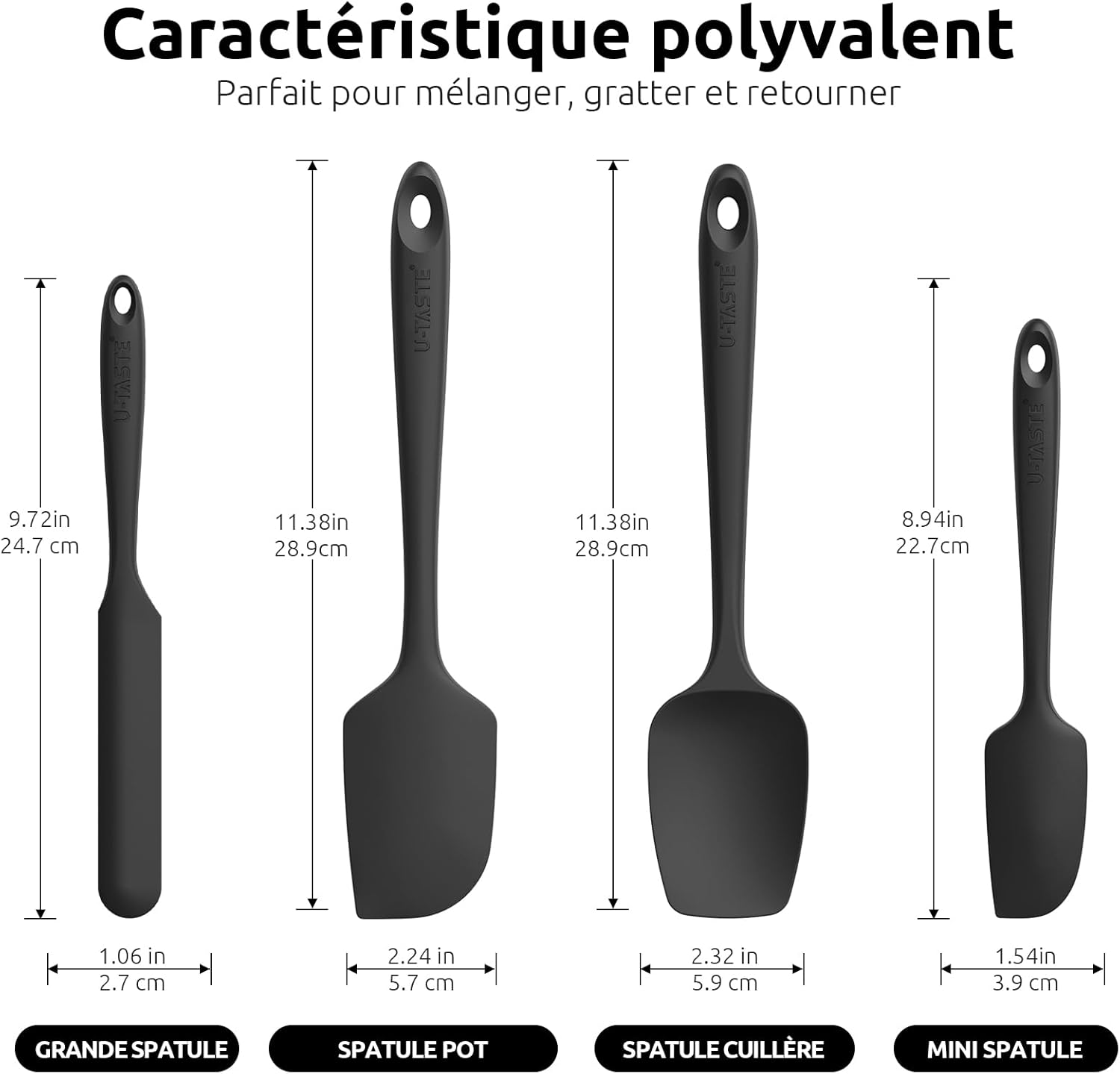 Spatule Silicone Lot de 4: U-Taste Cuisine Maryse Pâtisserie Résistante à la Chaleur 315℃, Ustensiles à Marise Patissier Alimentaire Antiadhésive Flexible sans BPA pour la Cuisson (Noir) Noir Silicone
