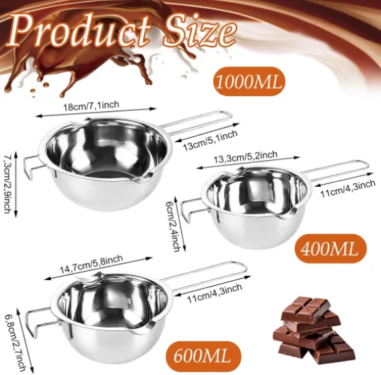 3 Pièces Bain Marie en Acier Inoxydable 304, Casserole Bain Marie avec Bec Verseur, Cul de Poule Inox Formats 400, 600 et 1000 ml pour Chocolat, Beurre, Cire et Sauce