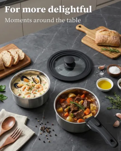 Casserole Inox Induction, Casserole Tout Feux Poignée Amovible, Batterie de Cuisine Induction, Casserole Camping Gaz avec Couvercles, Compatibles Lave-vaisselle, Sans PFAS et PFOA, 18/20 cm