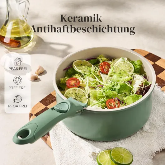 Set de casseroles avec poignées amovibles, Set de casseroles en céramique antiadhésive 16/18/20cm et couvercles 3-EN-1, Casseroles à induction pour tous les types de cuisinières, Résistantes Vert
