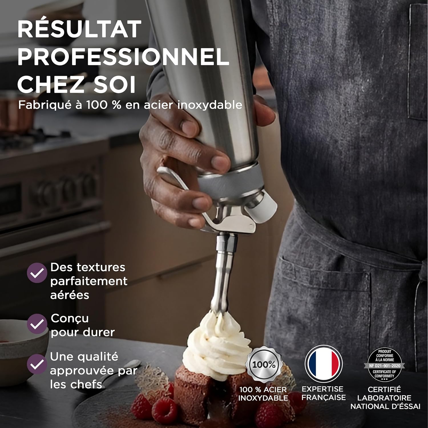 Siphon Professionnel 0,5 L En Inox - Inox Ultra Résistant – Sauces, Crèmes, Chantilly & Mousses Chaudes Ou Froides – Tête Démontable - Conforme AFNOR, Acier Siphon professionnel 0,5L