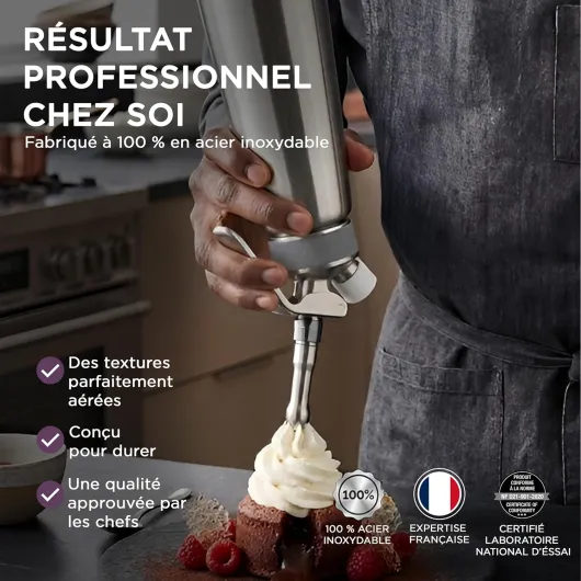 Siphon Professionnel 0,5 L En Inox - Inox Ultra Résistant – Sauces, Crèmes, Chantilly & Mousses Chaudes Ou Froides – Tête Démontable - Conforme AFNOR, Acier Siphon professionnel 0,5L