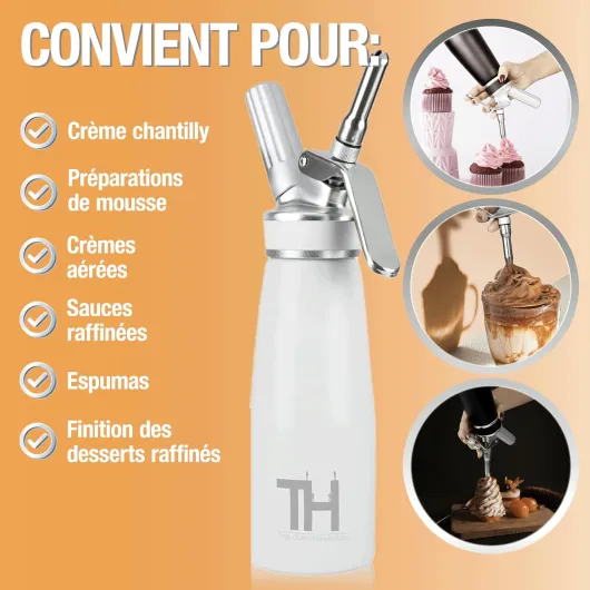 Siphon Chantilly avec 3 Douilles en Acier Inoxydable & Sac en Filet - Mousses et Crèmes - Siphon Cuisine 500ml (Blanc)