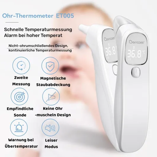 Thermomètre Auriculaire et Frontal, Berrcom Thermometre Médical sans Contact, Thermomètre Numérique à Infrarouge pour Enfants et Adultes avec Lecture Instantanée, Alarme de Fièvre Blanc Pur