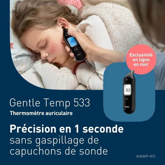 Gentle Temp 533 – Thermomètre auriculaire infrarouge digital pour Adultes, Enfants et Bébés, Thermomètre électronique avec mesure précise, en 1 seconde – Sans capuchon de sonde – Noir
