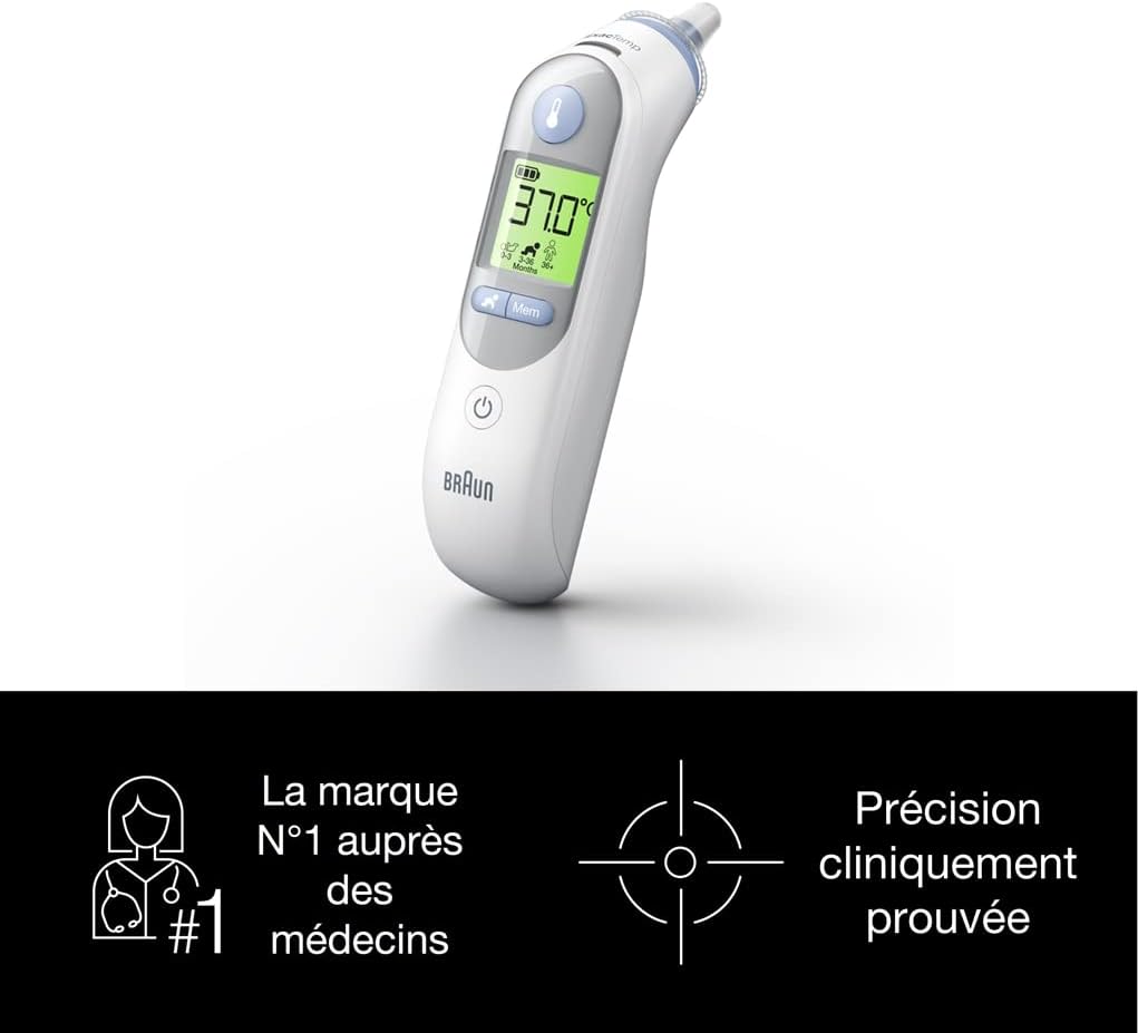 ThermoScan 7 Thermomètre auriculaire - Technologie Age Precision - Affichage numérique avec code couleur - Convient aux bébés et aux nourrissons - Marque #1 auprès des médecins(1) ThermoScan 7 - blanc