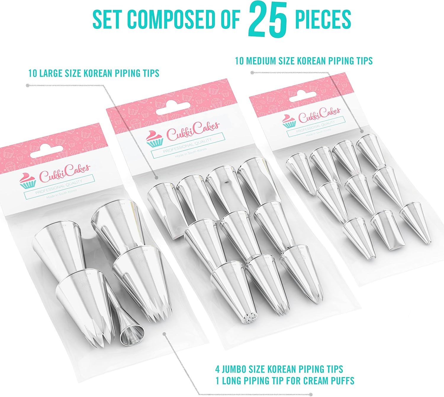 Jeu de 25 douilles à pâtisserie professionnelles (Tailles: M, L et XL) pour décorer gâteaux et cupcakes - Compatible avec poche à douille patisserie - Made in Korea Lot de 25 Becs Tailles M L XL