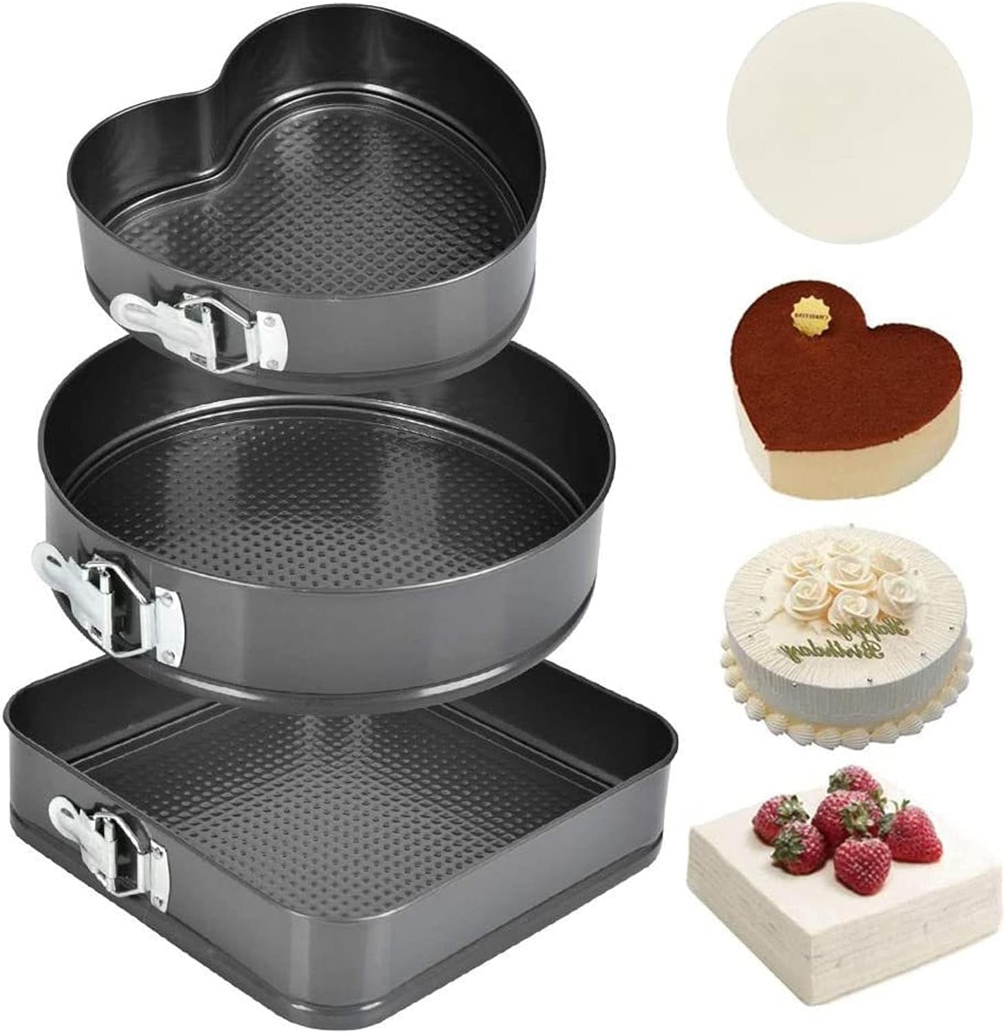 Ensemble de Moules à Gâteau, Ensemble de Moules à Charnière, Ensemble de Moules à Gâteau 3 Pièces en Acier au Carbone Rond en Forme de Cœur carré à Dégagement Facile Ensemble de (20/22/24)