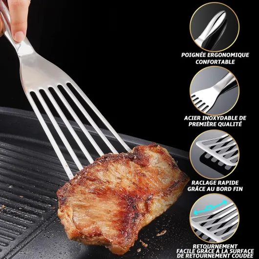 Set de Spatule de Cuisine Inox - 1x grande spatule cuisine pour le poisson et 1x petite spatule crepe avec Poignée ergonomique - Ustensiles de cuisine parfaits comme cadeau Silver