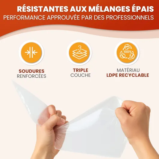 Poches à Douilles Jetables Professionnelles (100 pièces, L/47 cm) Poches à pâtisserie jetables Extra Robustes en LDPE recyclé pour décorer Les gâteaux, résistantes aux déchirures 47cm - L 100