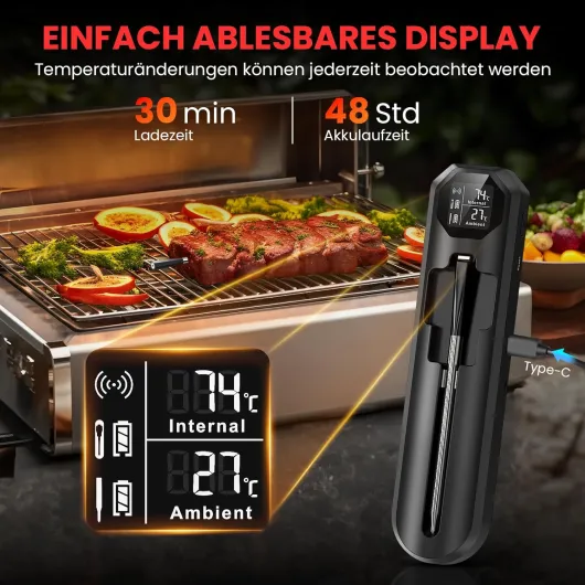 Thermomètre Cuisine Sans Fil, Double Capteur Thermometre Cuisson avec App, 150m Sonde Temperature Cuisine Bluetooth avec Minuterie et Alarme, Thermometre pour BBQ,Grill,Fumoir,Four,Sous Vide Noir