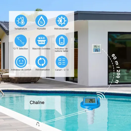 KETOTEK Thermomètre de piscine sans fil, thermomètre numérique flottant pour piscine, baignoire, étang, aquarium, étanche IPX8