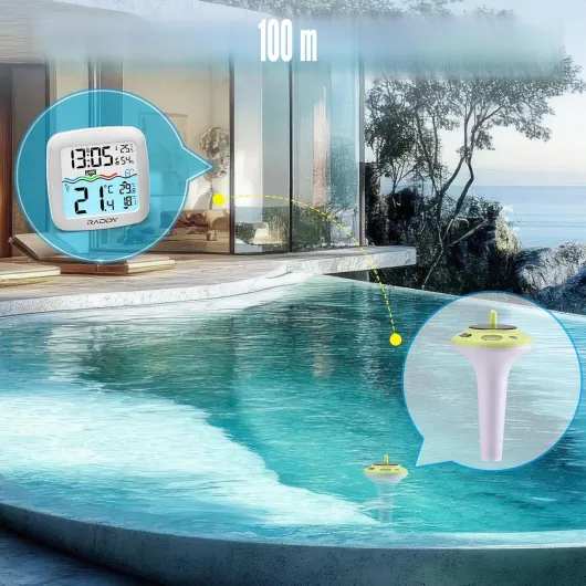 PT-5 TN Thermomètre Piscine Sans Fil Flottant, IPX8 Étanche, Écran Intérieur Température et Humidité, Recharge Solaire et Batterie, pour Spa, Bassin, Aquarium PT5-TN